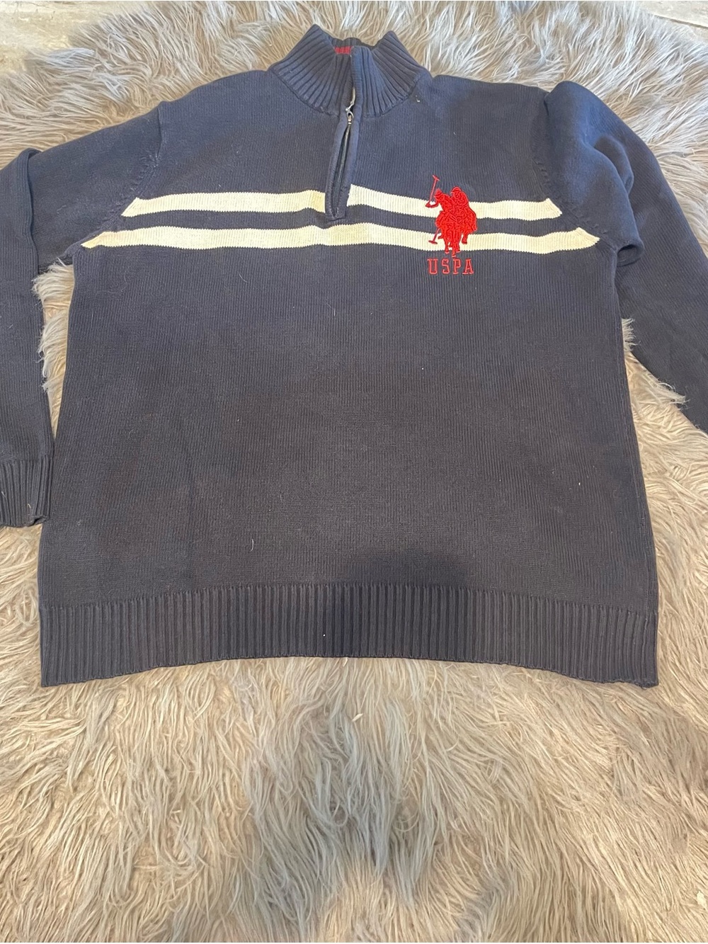 Vintage U.S. Polo Assn. Navy Half-Zip Sweater with White Stripes and Red Logo